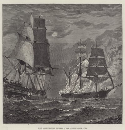HMS Liffey rescatando a la tripulación del bergantín en llamas Anita de English School