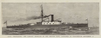 HMS "Trafalgar", el mayor acorazado de la marina británica, lanzado en Portsmouth el 20 de septiembre de English School