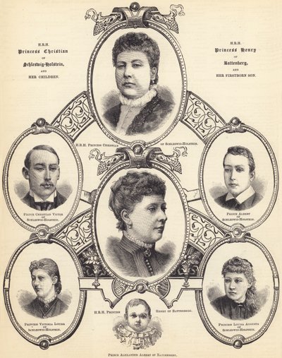 SAR la Princesa Cristiana de Schleswig-Holstein y SAR la Princesa Enrique de Battenberg, y sus hijos (grabado) de English School