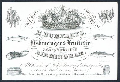 H Humphrys, pescadero y frutero, tarjeta comercial de English School