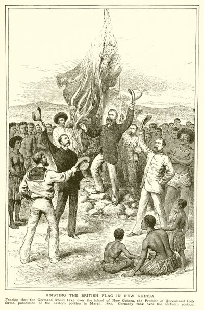 H. M. Chester, magistrado de Queensland en el izado de la bandera británica en Nueva Guinea, marzo de 1883 de English School