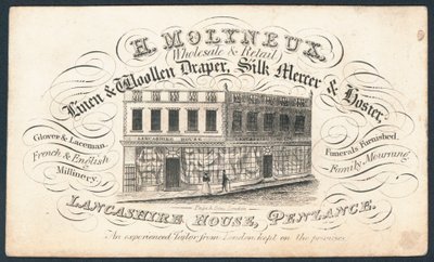 H Molyneux, pañero y mercero de seda y calcetero, tarjeta comercial de English School