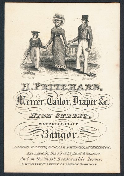 H Pritchard, mercero, sastre y pañero, tarjeta comercial de English School
