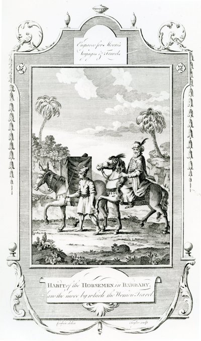 Hábito de los Jinetes en Barbary, ilustración tomada de los Viajes y Aventuras de Moore de English School