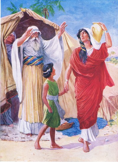 Agar e Ismael, de The Bible Picture Book publicado por Thomas Nelson, c.1950 de English School