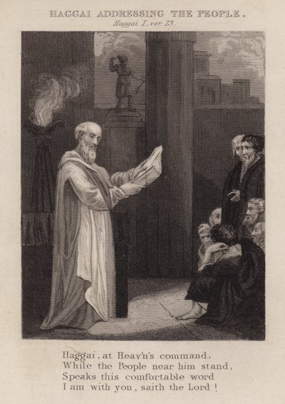 Hageo dirigiéndose al pueblo, Hageo I, ver 13 (grabado) de English School