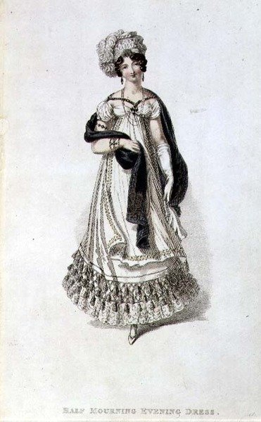 Vestido de noche de medio luto, lámina de moda de Ackermann