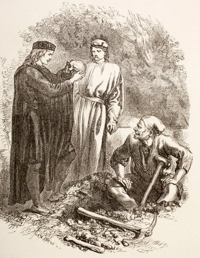 Hamlet sostiene el cráneo de Yorick, ilustración del Acto V, Escena I en Hamlet, de 