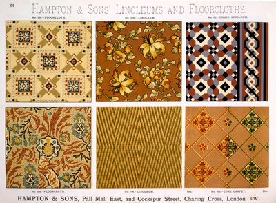 Diseños de Hampton & Sons para Linóleos y Alfombras, finales del siglo XIX de English School