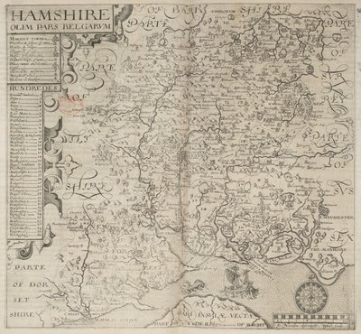 Hampshire, antes parte de los belgas. J. Norden describió. W. Hole sculp., de "Britannia" de Camden. 6ª edición. fol. 187 (grabado) de English School