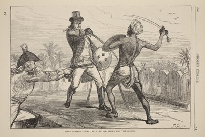 Combate cuerpo a cuerpo entre el Sr. Shore y el Goojur, ilustración de la Historia Ilustrada de Inglaterra de Cassell de English School