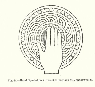 Símbolo de la mano en la cruz de Muiredach en Monasterboice (grabado) de English School