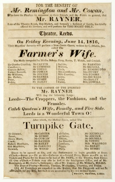 Folleto publicitario de una actuación única de Mr. Rayner en "La esposa del granjero" y "Turnpike Gate" en el Teatro, Leeds de English School