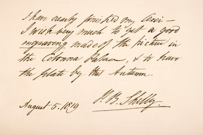 Escritura y firma de Percy Bysshe Shelley, 1819 de English School