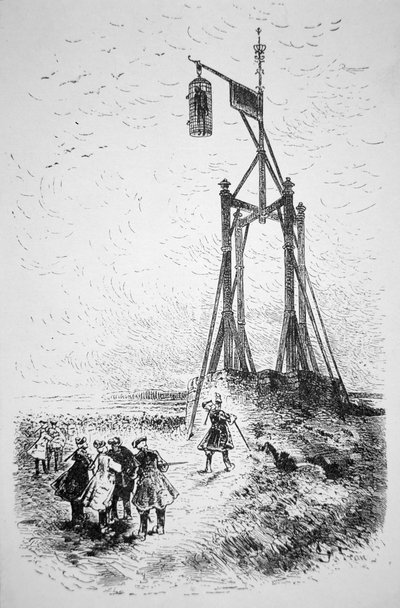 Colgando a un pirata en una jaula en un terreno elevado con vista al mar de English School