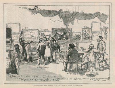 Colgando cuadros en la exposición de la Real Sociedad de Pintores en Acuarela de English School