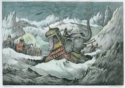 Aníbal (247-c.183 a.C.) y sus elefantes de guerra cruzando los Alpes de English School
