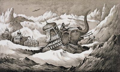 Aníbal (247-c.183 a.C.) y sus elefantes de guerra cruzando los Alpes de English School