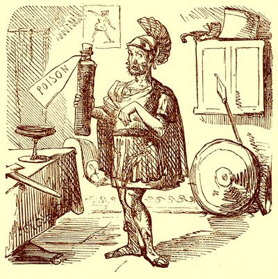 Aníbal hace el habitual discurso ingenioso y apropiado antes de suicidarse, ilustración de La Historia Cómica de Roma de Gilbert Abbott a Beckett, publicada c.1850 de English School
