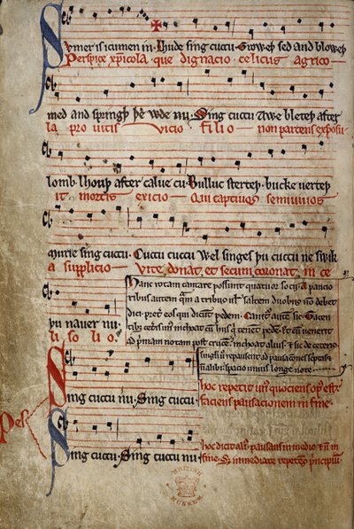 Harl 978 fol.11v Sumer es icumen in, del Canon de verano (Reading Rota) (vitela) de English School