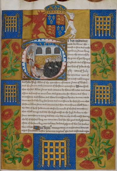Harley 1498, f.1 Enrique VII presentando el contrato a John Islip, abad de la Abadía de Westminster, Contratos de la Abadía de Westminster (vitela) de English School