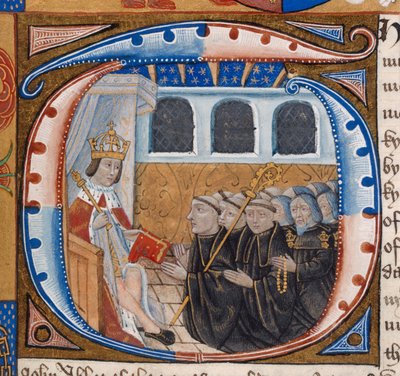 Harley 1498, f.59 Inicial adornada que representa al rey Enrique VII recibiendo el libro, ilustración de 