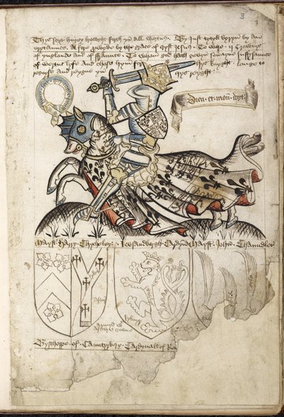 Harley 2169 f. 3 Enrique VI a caballo, escudos de armas en la época de Enrique VI (vitela) de English School