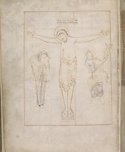 Harley 2904, f.3v, La Crucifixión; con la Virgen, y San Juan inscribiendo su testimonio en un pergamino, del Salterio de Ramsey, c.900-1000 (vitela) de English School