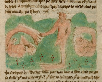 Harley 3954, f.31, un dibujo en color que representa a personas míticas de Etiopía nacidas con un solo pie (un sciopod), para protegerse del sol, de 