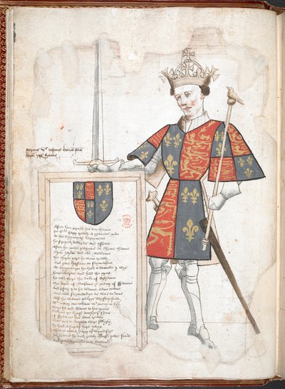 Harley 4205 f.7v Un rey inglés con armadura y tabardo (Enrique V) del "Libro de armas de Sir Thomas Holme...", c.1445-50 (vitela) de English School