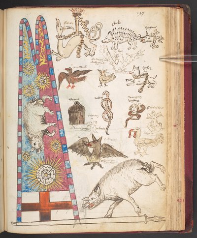 Harley 4632, f.242, estandarte de Ricardo III en Bosworth, además de Yorkist sunburst (vitela) de English School