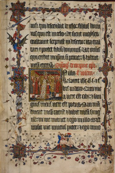 Harley 7026, f.13 La Fiesta del Corpus Christi, del Leccionario Lovel, antes de 1408 (vitela) de English School