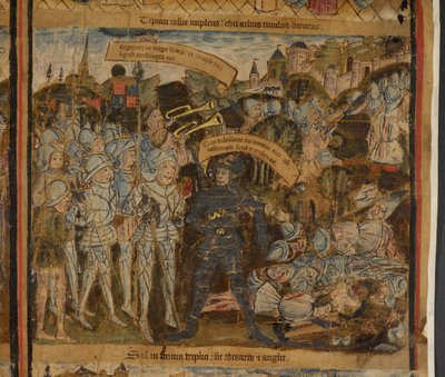 Harley 7353 Eduardo de York conduce a su ejército a la batalla, ilustración de la "Vida de Eduardo IV" (vitela) de English School