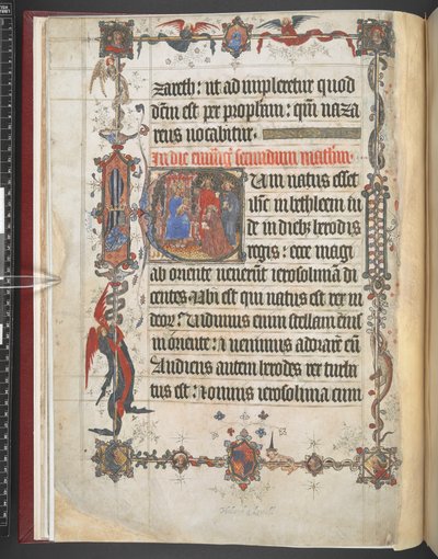 Harley MS 7026, f.7v, Adoración de los Magos inicial historiada, de 