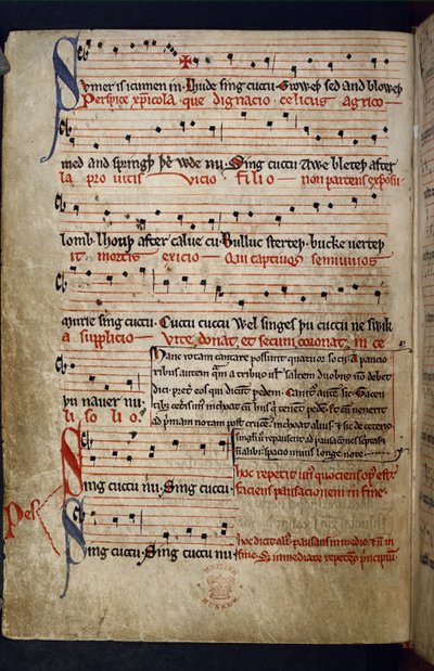 Harley MS 978 f.11v Miscelánea musical, de la "Colección de poemas que incluye fábulas y textos musicales, calendáricos y médicos" (tinta y color sobre vitela) de English School