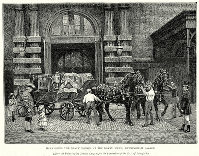 Enjaezando los Caballos Negros en el Royal Mews, Palacio de Buckingham (grabado) de English School