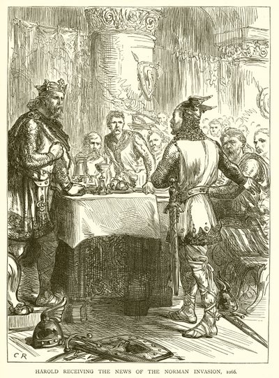 Harold recibiendo la noticia de la invasión normanda, 1066 de English School