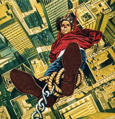 Harry Houdini suspendido desde la cima de un rascacielos de Nueva York de English School