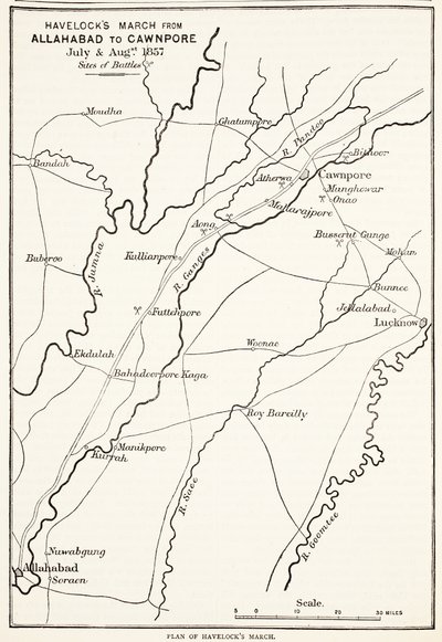 La Marcha de Havelock de Allahabad a Cawnpore, julio y agosto de 1857, de la Historia Ilustrada de Inglaterra de Cassell de English School