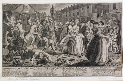 Él y sus compañeros borrachos provocan un disturbio en Covent Garden, 1735 de English School