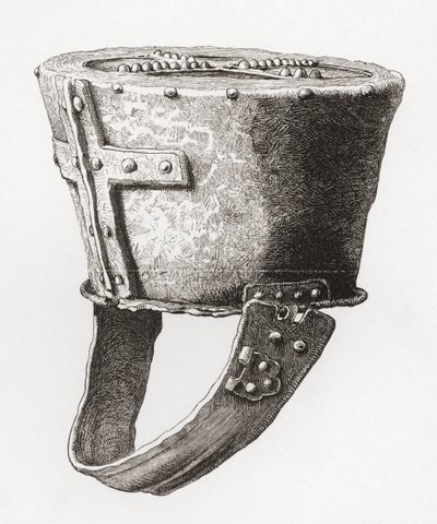 Casco del castillo de Pomeroy, Inglaterra, datado hacia el siglo XII, extraído de The British Army: Its Origins, Progress and Equipment, publicado en 1868. de English School