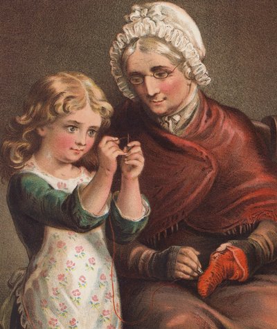 Helping Grannie (litografía en color) de English School