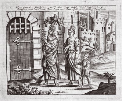 El emperador Henricus con su esposa e hijo esperando, descalzos y descalzos, tres días y tres noches en las puertas de Canusuam, ilustración de Hechos y Monumentos de John Foxe, novena edición de English School