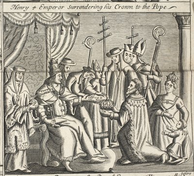 Enrique IV emperador entregando su corona al Papa, ilustración de Hechos y Monumentos de John Foxe, novena edición, pub. 1684 de English School