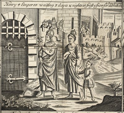 Enrique IV emperador esperando 3 días y noches en la escarcha y la nieve para ser admitido ante el Papa Gregorio, ilustración de Hechos y Monumentos de John Foxe, novena edición, pub. 1684 de English School