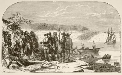 Henry Hudson ofrece licor a los indios en 1609 (litografía) de English School