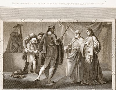 Enrique IV confiando al príncipe James de Escocia al cuidado de sus tutores, ilustración de La Historia de Inglaterra de David Hume, pub. por R. Bowyer, Londres, 1812 de English School
