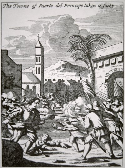 Henry Morgan captura y saquea la ciudad de Puerto de Príncipe, Cuba, en 1668, ilustración de 