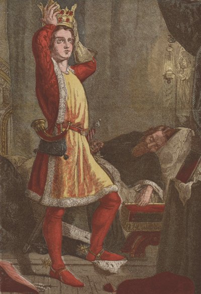 Enrique, príncipe de Gales, futuro rey Enrique V, probándose la corona de su padre (cromolito) de English School