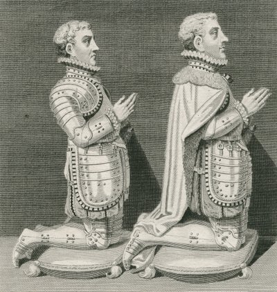 Henry Stuart, Lord Darnley y su hermano Charles Stuart, Conde de Lennox, arrodillados ante la tumba de su madre en la Abadía de Westminster, grabado por Andrew Birrell, 1796 de English School